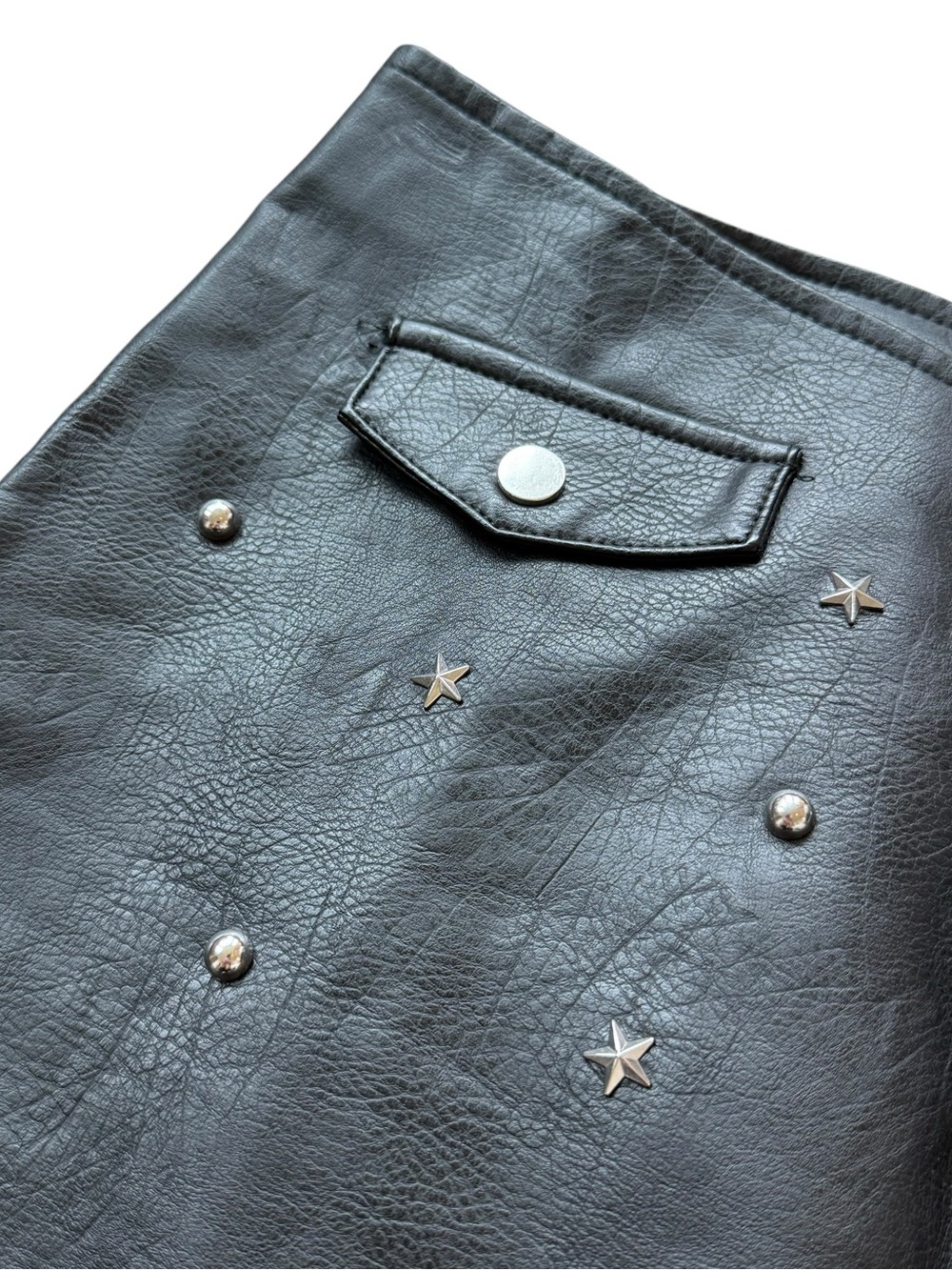 Forever 21 Star Stud Faux Leather Moto Mini Skirt Black Punk Grunge Y2K L Biker - Picture 4 of 11